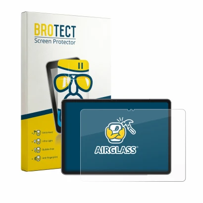 Front side of a product packaging with the brand logo BROTECT. Next to it is the device Ulefone Tab A12 Pro shown with the cor