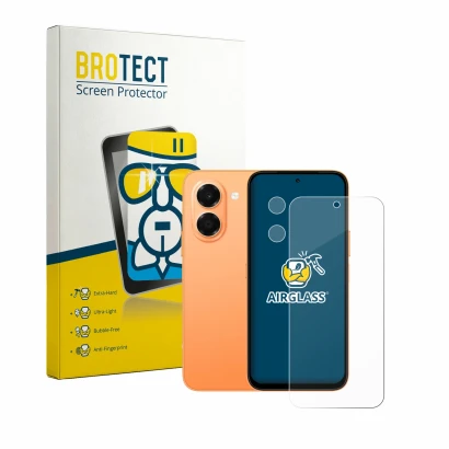 Front side of a product packaging with the brand logo BROTECT. Next to it is the device Honor X7e (Front+Camera) shown with th