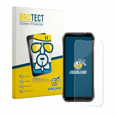 Front side of a product packaging with the brand logo BROTECT. Next to it is the device Blackview Rock 5 shown with the corres
