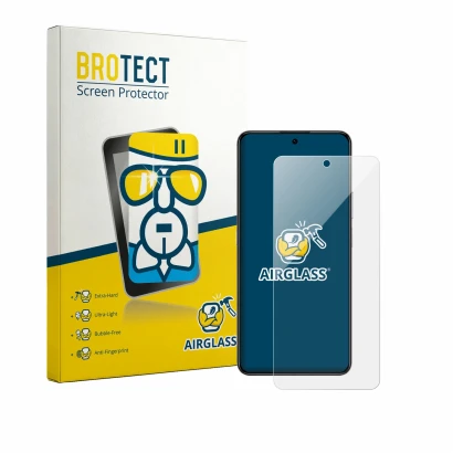 Front side of a product packaging with the brand logo BROTECT. Next to it is the device Honor X8d shown with the corresponding