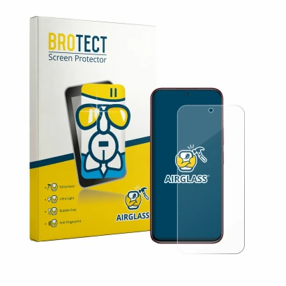 Front side of a product packaging with the brand logo BROTECT. Next to it is the device realme 15x shown with the correspondin