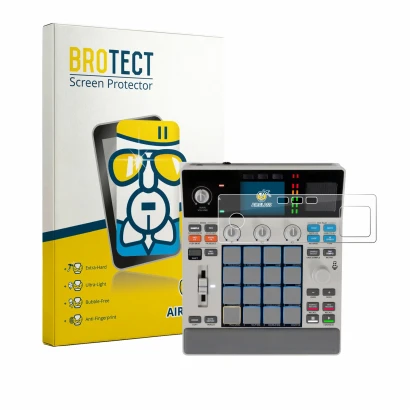 Front side of a product packaging with the brand logo BROTECT. Next to it is the device Akai MPC Sample shown with the corresp