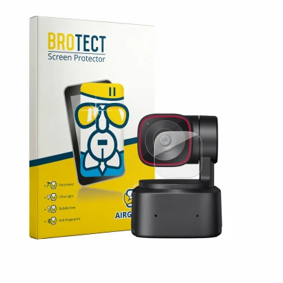 Front side of a product packaging with the brand logo BROTECT. Next to it is the device OBSBOT Tiny 2 Lite shown with the corr