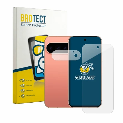 Front side of a product packaging with the brand logo BROTECT. Next to it is the device Google Pixel 11 Pro (Front+Camera) sho