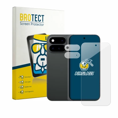 Front side of a product packaging with the brand logo BROTECT. Next to it is the device Google Pixel 11 Pro Fold (Front+Camera