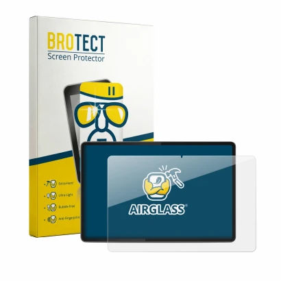 Front side of a product packaging with the brand logo BROTECT. Next to it is the device Lenovo Yoga Tab 11.1" 2026 shown with 
