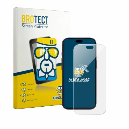Front side of a product packaging with the brand logo BROTECT. Next to it is the device Apple iPhone 18 Pro shown with the cor