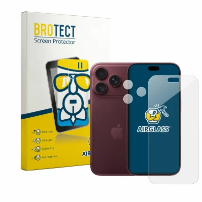 Front side of a product packaging with the brand logo BROTECT. Next to it is the device Apple iPhone 18 Pro (Front+Camera) sho