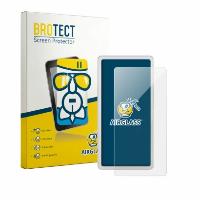 Front side of a product packaging with the brand logo BROTECT. Next to it is the device PocketBook Q shown with the correspond