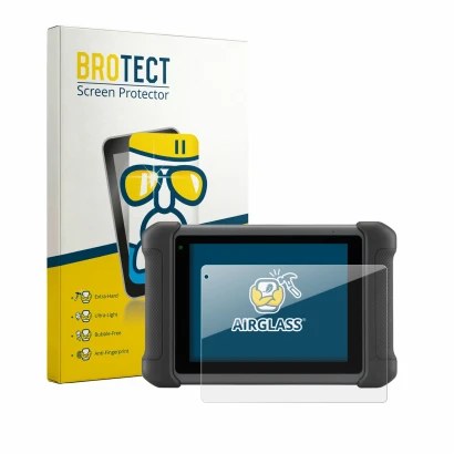 Front side of a product packaging with the brand logo BROTECT. Next to it is the device Autel MaxiSys MS906 shown with the cor