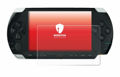 Image of the device Sony PSP 1000 with a wide variety of screen protectors.