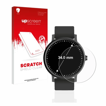 Front side of a product packaging with the brand logo upscreen. Next to it is the device Watches (Circular, ø: 34 mm) shown wi