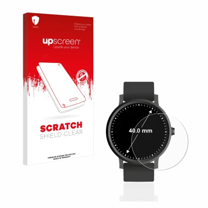 Front side of a product packaging with the brand logo upscreen. Next to it is the device Watches (Circular, ø: 40 mm) shown wi