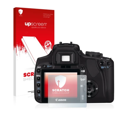 Front side of a product packaging with the brand logo upscreen. Next to it is the device Canon EOS 400D shown with the corresp