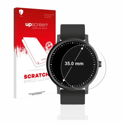 Front side of a product packaging with the brand logo upscreen. Next to it is the device Watches (Circular, ø: 35 mm) shown wi