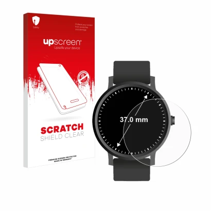 Front side of a product packaging with the brand logo upscreen. Next to it is the device Watches (Circular, ø: 37 mm) shown wi