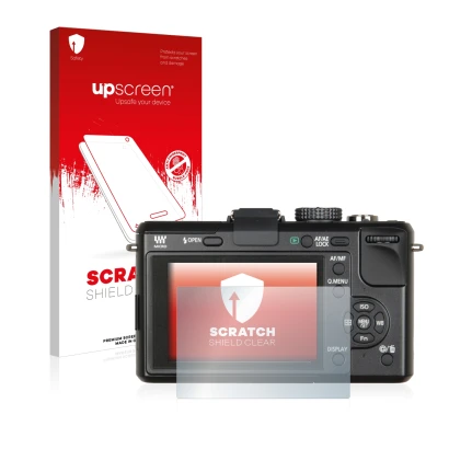 Front side of a product packaging with the brand logo upscreen. Next to it is the device Panasonic Lumix DMC-GF1 shown with th