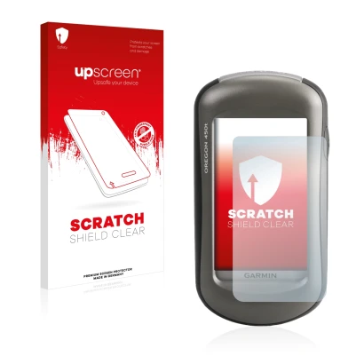 Front side of a product packaging with the brand logo upscreen. Next to it is the device Garmin Oregon 450 shown with the corr