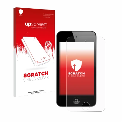 Front side of a product packaging with the brand logo upscreen. Next to it is the device Apple iPod Touch (4th Gen.) shown wit