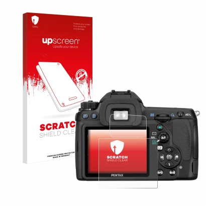 Front side of a product packaging with the brand logo upscreen. Next to it is the device Pentax K5, K-5 shown with the corresp