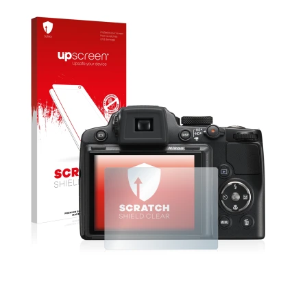 Front side of a product packaging with the brand logo upscreen. Next to it is the device Nikon Coolpix P500 shown with the cor