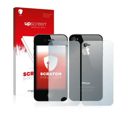Front side of a product packaging with the brand logo upscreen. Next to it is the device Apple iPhone 4S (Front+Back) shown wi