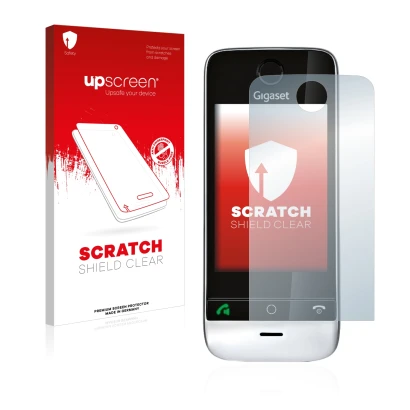 Front side of a product packaging with the brand logo upscreen. Next to it is the device Gigaset SL910 (circular cutout) shown