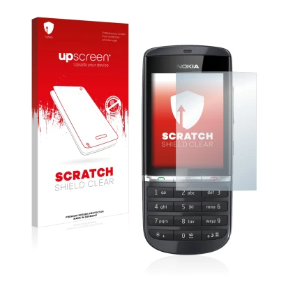 Front side of a product packaging with the brand logo upscreen. Next to it is the device Nokia Asha 300 shown with the corresp