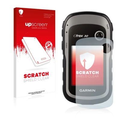 Front side of a product packaging with the brand logo upscreen. Next to it is the device Garmin eTrex 30 shown with the corres
