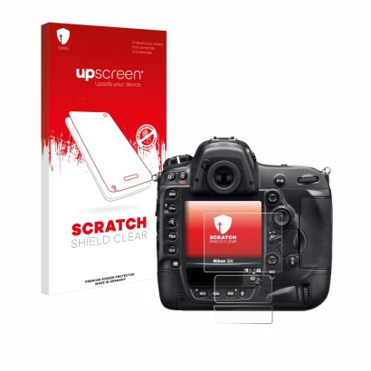 Front side of a product packaging with the brand logo upscreen. Next to it is the device Nikon D4 shown with the corresponding