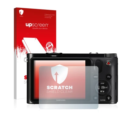Front side of a product packaging with the brand logo upscreen. Next to it is the device Samsung NX1000 shown with the corresp