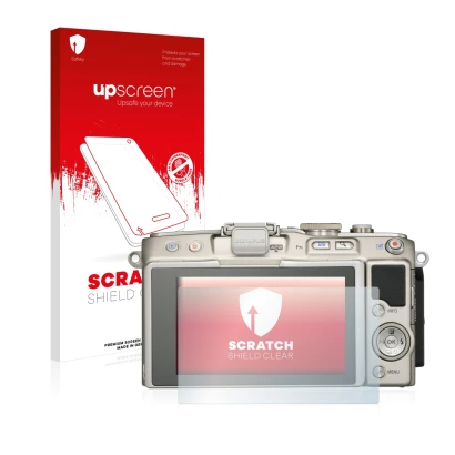 Front side of a product packaging with the brand logo upscreen. Next to it is the device Olympus PEN E-PL6 shown with the corr