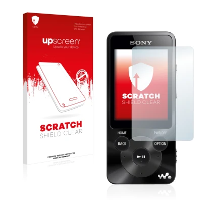 Front side of a product packaging with the brand logo upscreen. Next to it is the device Sony Walkman NWZ-E585 shown with the