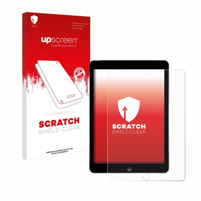 Front side of a product packaging with the brand logo upscreen. Next to it is the device Apple iPad Air 2 2014 shown with the