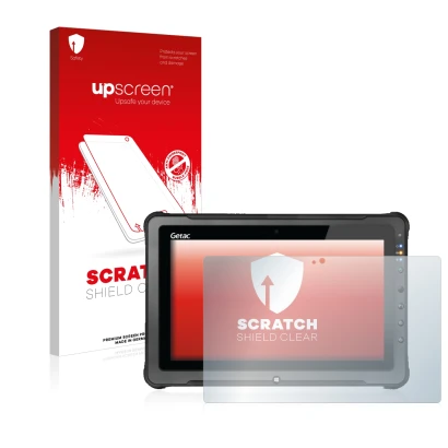 Front side of a product packaging with the brand logo upscreen. Next to it is the device Getac F110 G5 shown with the correspo