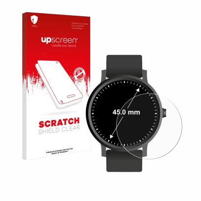 Front side of a product packaging with the brand logo upscreen. Next to it is the device Watches (Circular, ø: 45 mm) shown wi
