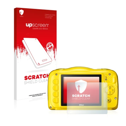 Front side of a product packaging with the brand logo upscreen. Next to it is the device Nikon Coolpix S33 shown with the corr