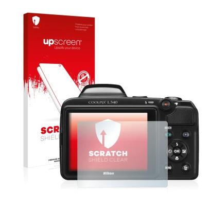 Front side of a product packaging with the brand logo upscreen. Next to it is the device Nikon Coolpix L340 shown with the cor