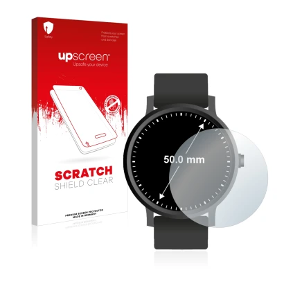 Front side of a product packaging with the brand logo upscreen. Next to it is the device Watches (Circular, ø: 50 mm) shown wi