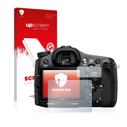 Front side of a product packaging with the brand logo upscreen. Next to it is the device Sony Alpha 77 (SLT-77) shown with the
