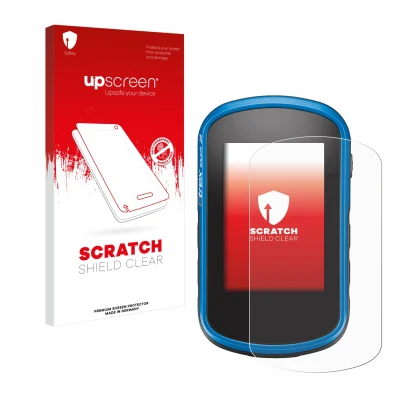 Front side of a product packaging with the brand logo upscreen. Next to it is the device Garmin eTrex Touch 35 shown with the 