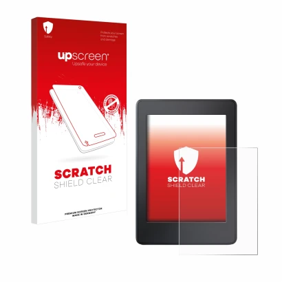 Front side of a product packaging with the brand logo upscreen. Next to it is the device Amazon Kindle Paperwhite 2015 (7th Ge