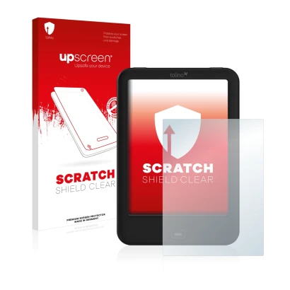 Front side of a product packaging with the brand logo upscreen. Next to it is the device Tolino Shine 2 HD shown with the corr
