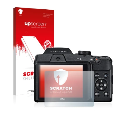 Front side of a product packaging with the brand logo upscreen. Next to it is the device Nikon Coolpix B500 shown with the cor