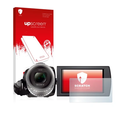 Front side of a product packaging with the brand logo upscreen. Next to it is the device Sony FDR-AX53 shown with the correspo