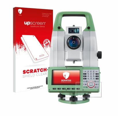 Front side of a product packaging with the brand logo upscreen. Next to it is the device Leica Viva TS16 shown with the corres