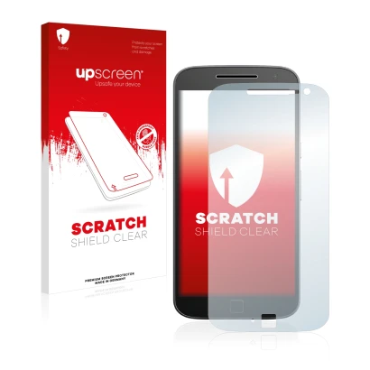 Front side of a product packaging with the brand logo upscreen. Next to it is the device Motorola Moto G4 Plus shown with the 