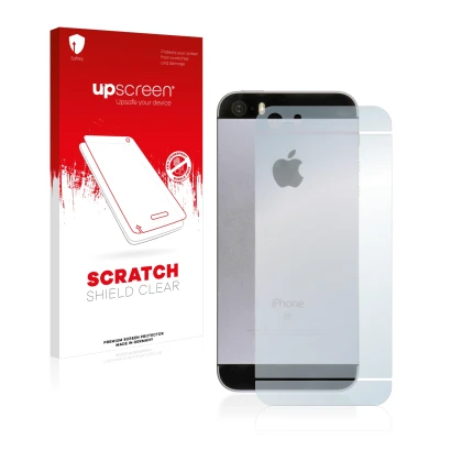 Front side of a product packaging with the brand logo upscreen. Next to it is the device Apple iPhone SE 2016 Back (entire sur