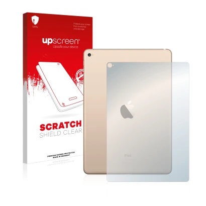 Front side of a product packaging with the brand logo upscreen. Next to it is the device Apple iPad Air 2 2014 (Back) shown wi