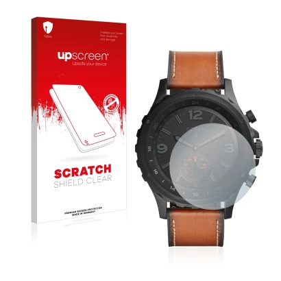 Front side of a product packaging with the brand logo upscreen. Next to it is the device Fossil Q Nate shown with the correspo